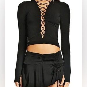 IAMGIA Devin Long Sleeve Lace Up Top Black Plunging Neckline